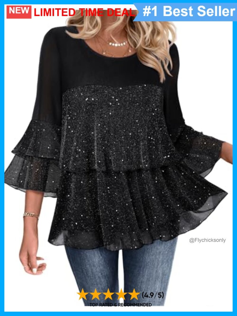 Sparkly Sequin Peplum Top 3/4 Bell Ruffle Sleeve Elegant Evening Blouse